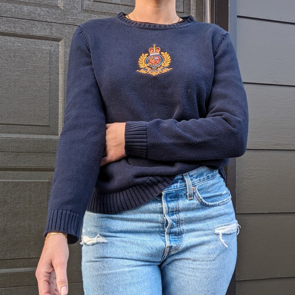 Vintage Y2K Ralph Lauren Navy Blue Embroidered Crest Knit Sweater - Picture 3 of 11